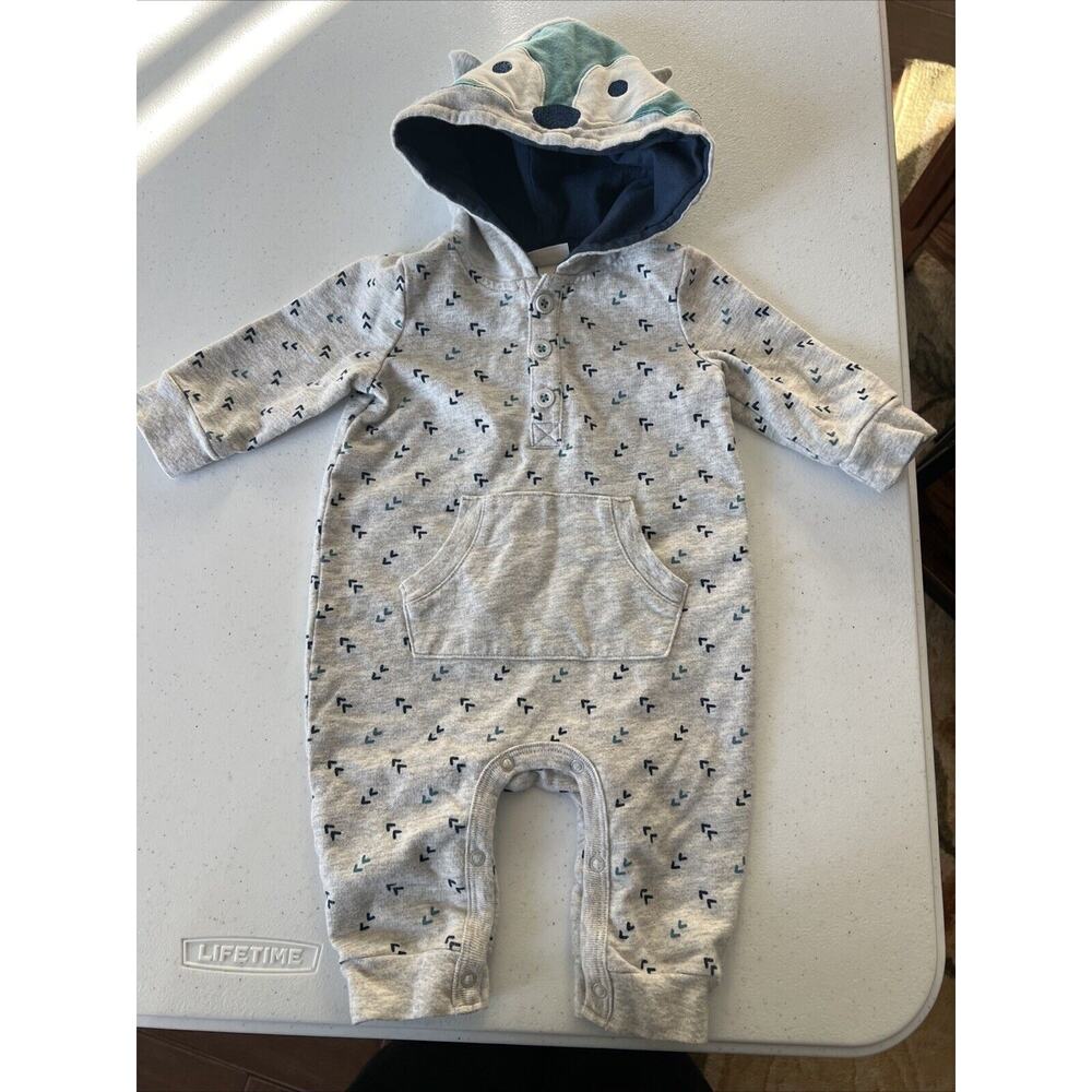 Cat & Jack Baby Gray Fox Romper Hooded Ears Baby 0-3 Months
